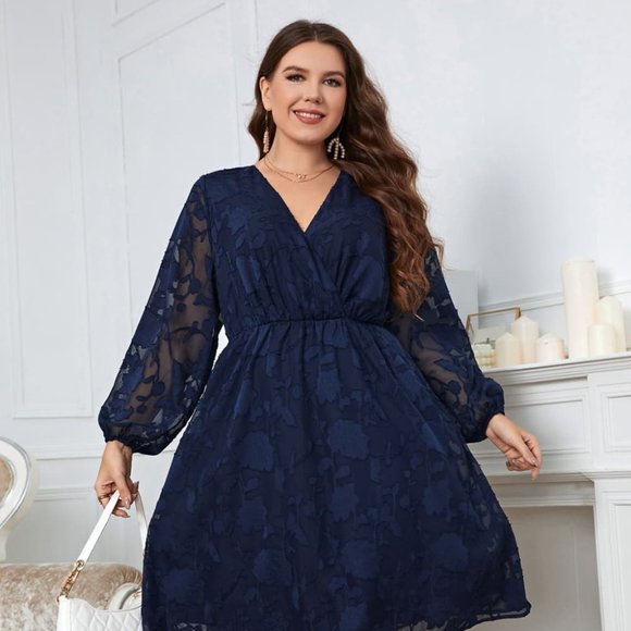 Melo Apparel Plus Size Surplice Neck Balloon Sleeve Dress - Picture 2 of 7